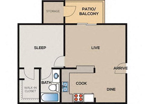 Floor plan for 1 bed, 1 bath, 606 sqft